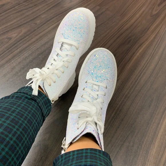 White Glitter Combat Boots - Picture 8 of 10